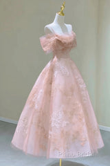 Lovely Pink Tea Length Straps Tulle Formal Dresses, Pink Tea Length Formal Prom Dresses