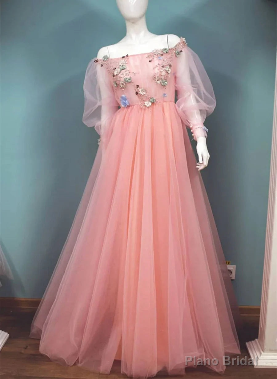 Lovely Pink Tulle Off Shoulder Sleeves Party Dress A-line Pink Long Formal Dress prom dresses shops Main image