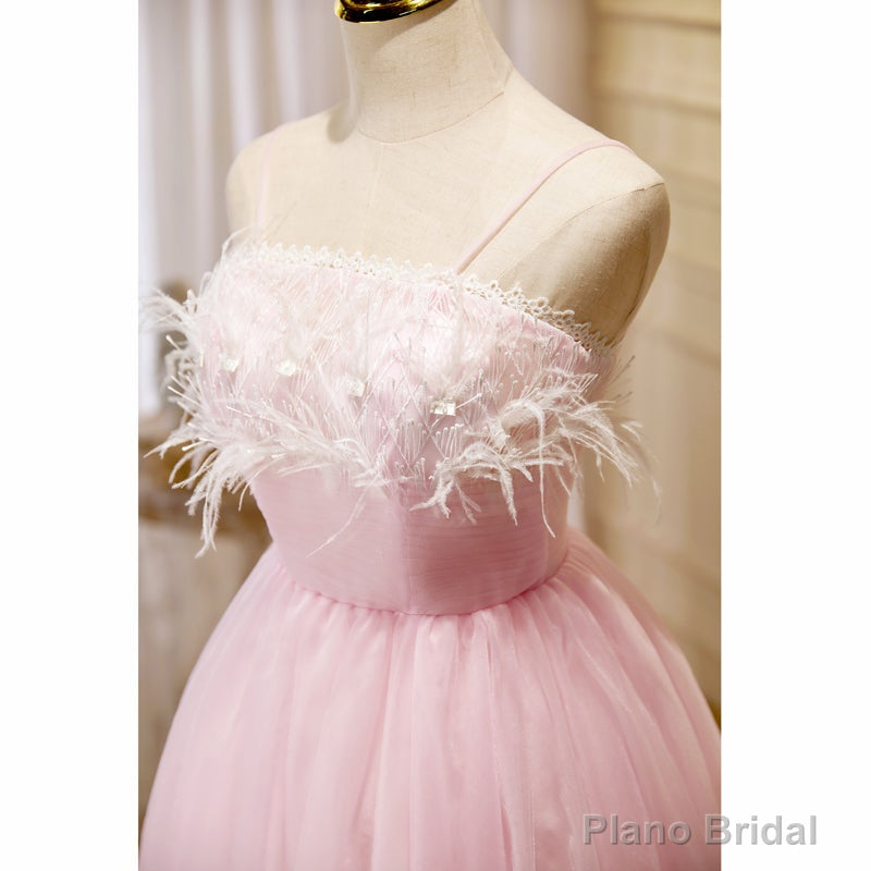 Lovely Pink Tulle Straps Knee Length Party Dresses, Pink Short Prom Dresses