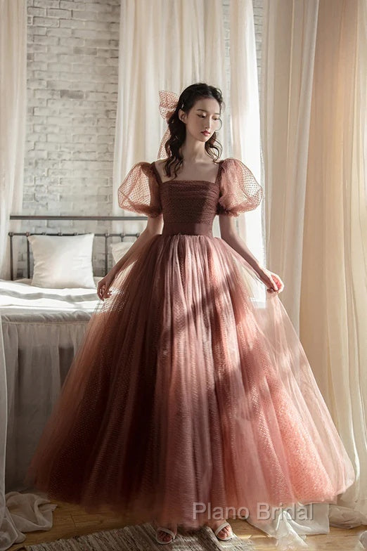 Lovely Puffy Sleeves Tulle Long Party Dresses, Scoop Ball Gown Long Formal Prom Dresses Secondary image