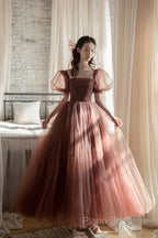 Lovely Puffy Sleeves Tulle Long Party Dresses, Scoop Ball Gown Long Formal Prom Dresses