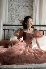 Lovely Puffy Sleeves Tulle Long Party Dresses, Scoop Ball Gown Long Formal Prom Dresses