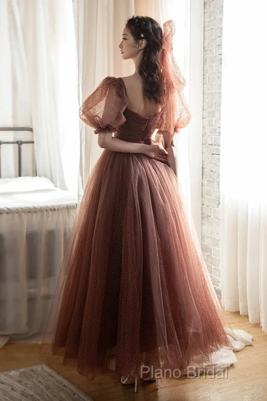 Lovely Puffy Sleeves Tulle Long Party Dresses, Scoop Ball Gown Long Formal Prom Dresses