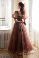 Lovely Puffy Sleeves Tulle Long Party Dresses, Scoop Ball Gown Long Formal Prom Dresses