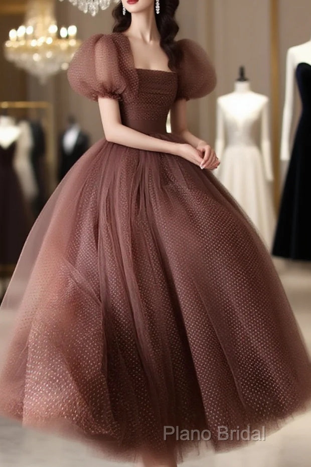 Lovely Puffy Sleeves Tulle Long Party Dresses, Scoop Ball Gown Long Formal Prom Dresses Main image