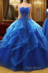 Lovely Royal Blue Tulle Formal Prom Dresses, Blue Sweet 16 Dresses
