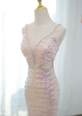 Lovely Sequins Mermaid V-Neckline Straps Party Dresses, Sequins Long Formal Dresses