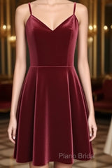 Lovely Short Homecoming Dresses, Wine Red Straps V-Neckline Formal Prom Dresses, Party Dresses