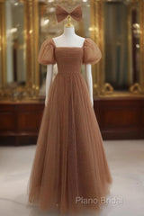 Lovely Simple Tulle Short Sleeves A-Line Party Dresses, Long Tulle Formal Dresses Formal Dresses