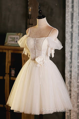 Lovely Spaghetti Strap Tulle Short Formal Prom Dresses, Light Champagne A-Line Formal Party Dresses