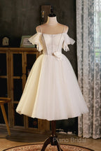 Lovely Spaghetti Strap Tulle Short Formal Prom Dresses, Light Champagne A-Line Formal Party Dresses