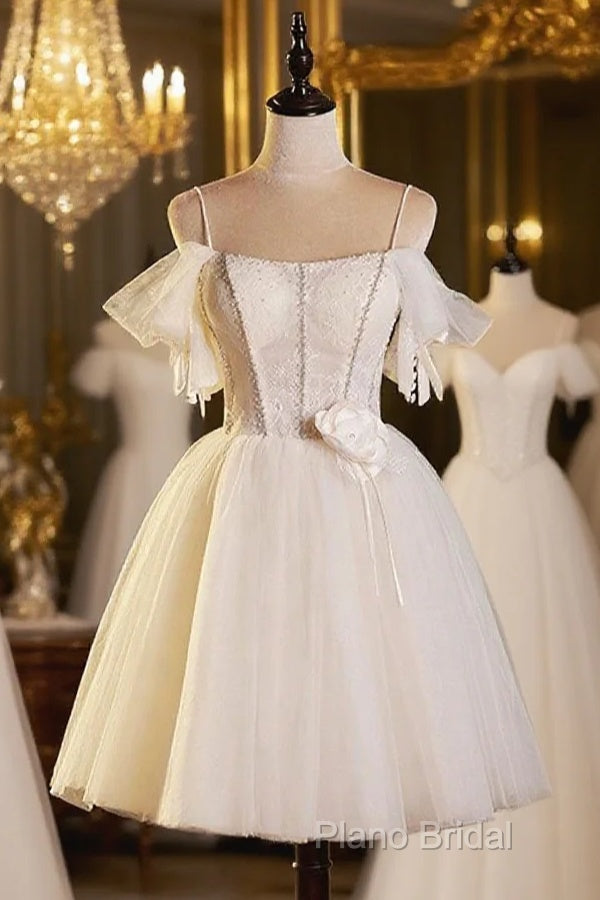 Lovely Spaghetti Strap Tulle Short Formal Prom Dresses, Light Champagne A-Line Formal Party Dresses Main image