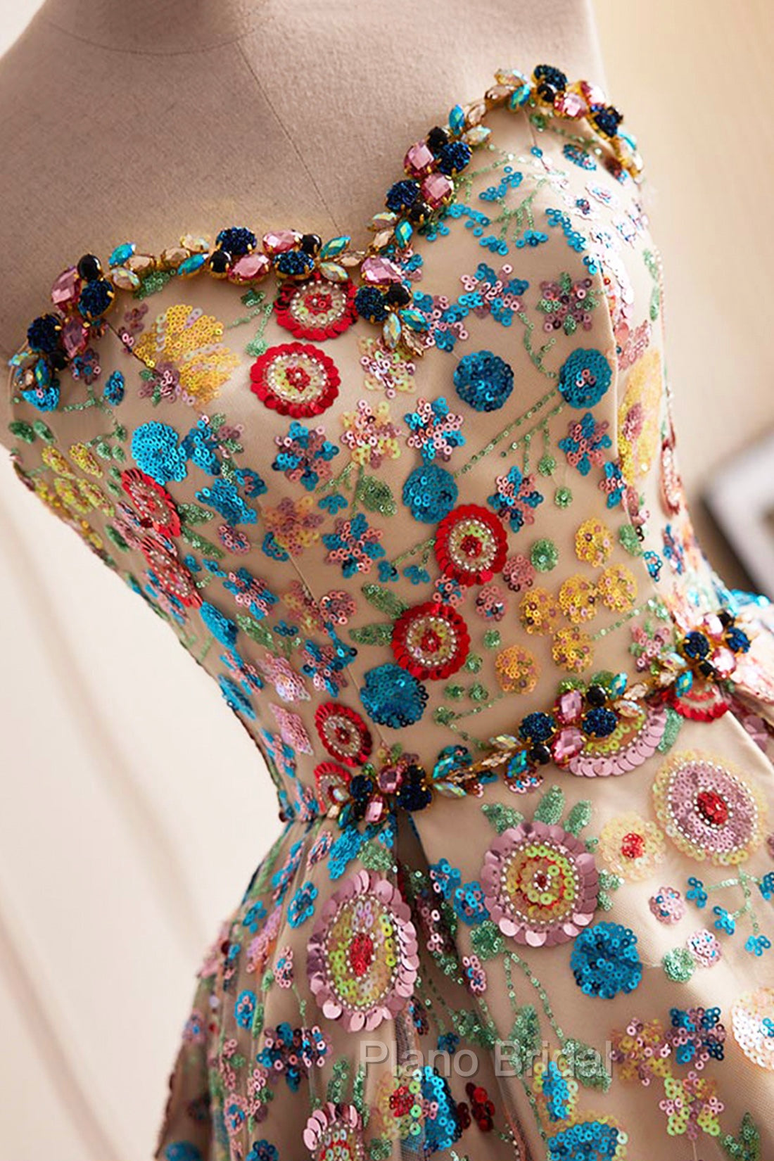 Lovely Sweetheart Floral Sequin Long Formal Prom Dresses, A-Line Strapless Evening Dresses Secondary image