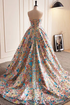 Lovely Sweetheart Floral Sequin Long Formal Prom Dresses, A-Line Strapless Evening Dresses