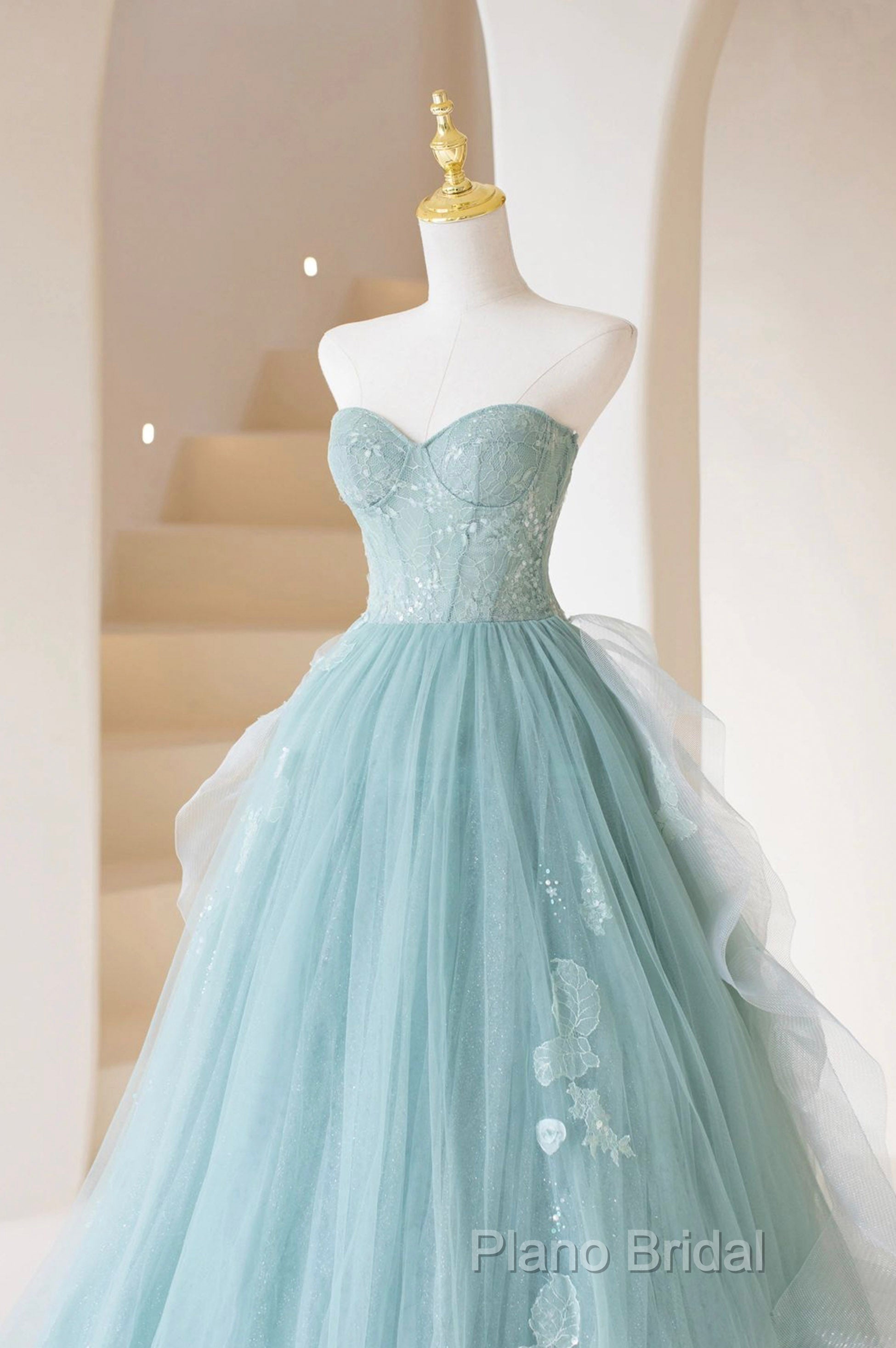 Lovely Sweetheart Neckline Tulle Long Formal Prom Dresses With Lace, Beautiful Strapless Formal Dresses Secondary image