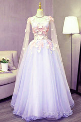 Lovely Tulle Lavender Long Formal Dresses With Lace Applique, Sweet 16 Dresses