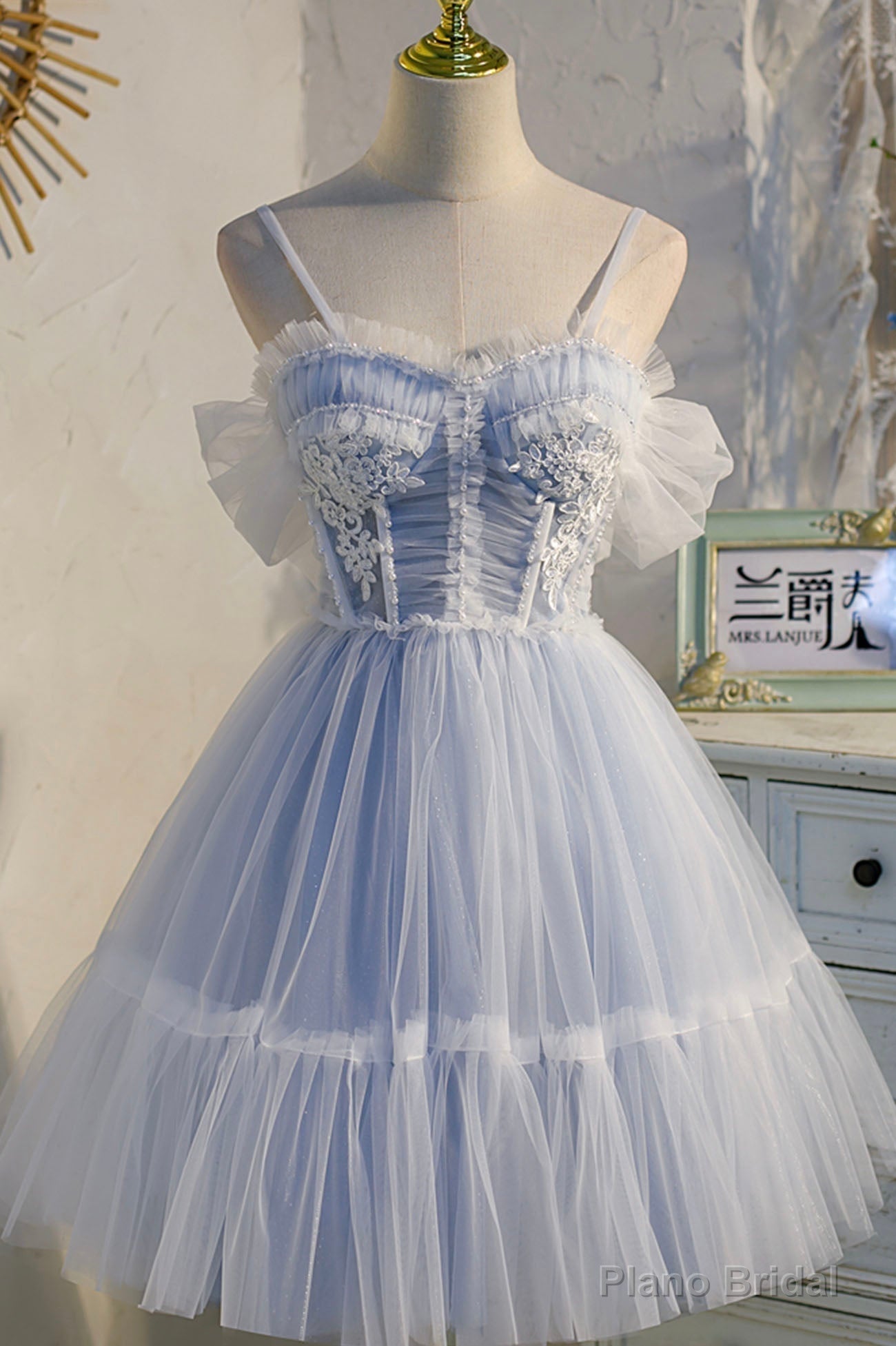 Lovely Tulle Spaghetti Strap Short Prom Dresses, A-Line Lace Homecoming Dresses Main image
