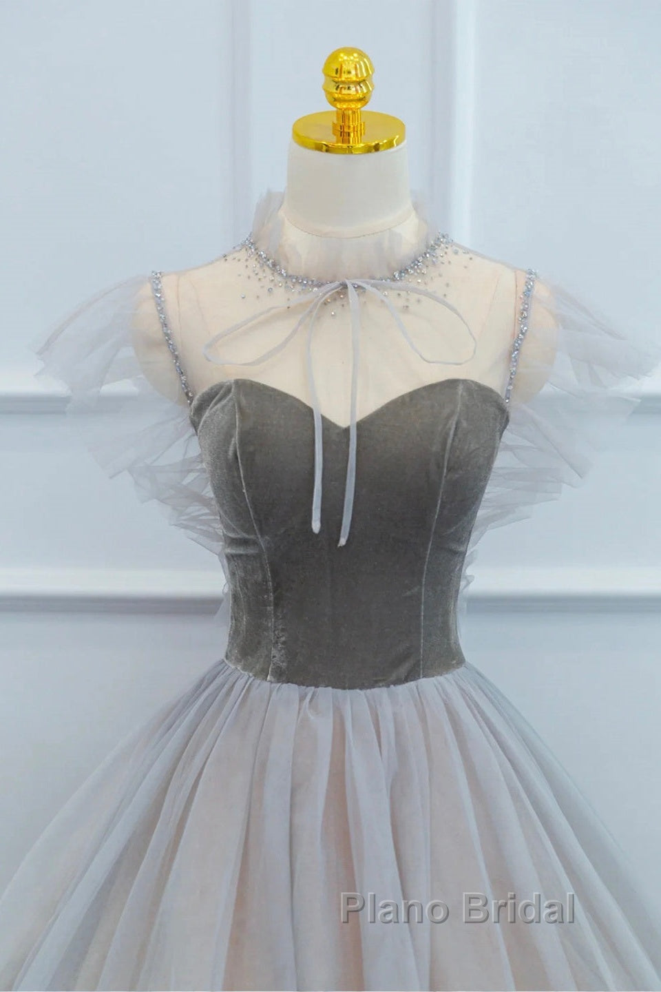 Lovely Velvet And Tulle Floor Length Formal Prom Dresses, Gray A-Line Formal Evening Dresses