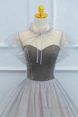 Lovely Velvet And Tulle Floor Length Formal Prom Dresses, Gray A-Line Formal Evening Dresses