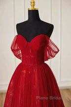Lovely Wine Red Tulle Sweetheart Off Shoulder Formal Prom Dresses, Wine Red Long Party Dresses