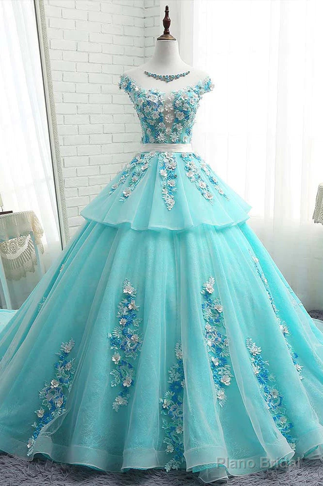 Lovey Blue Layers Ball Gown Tulle with Flowers Sweet 16 Gown, Blue Formal Dresses Main image
