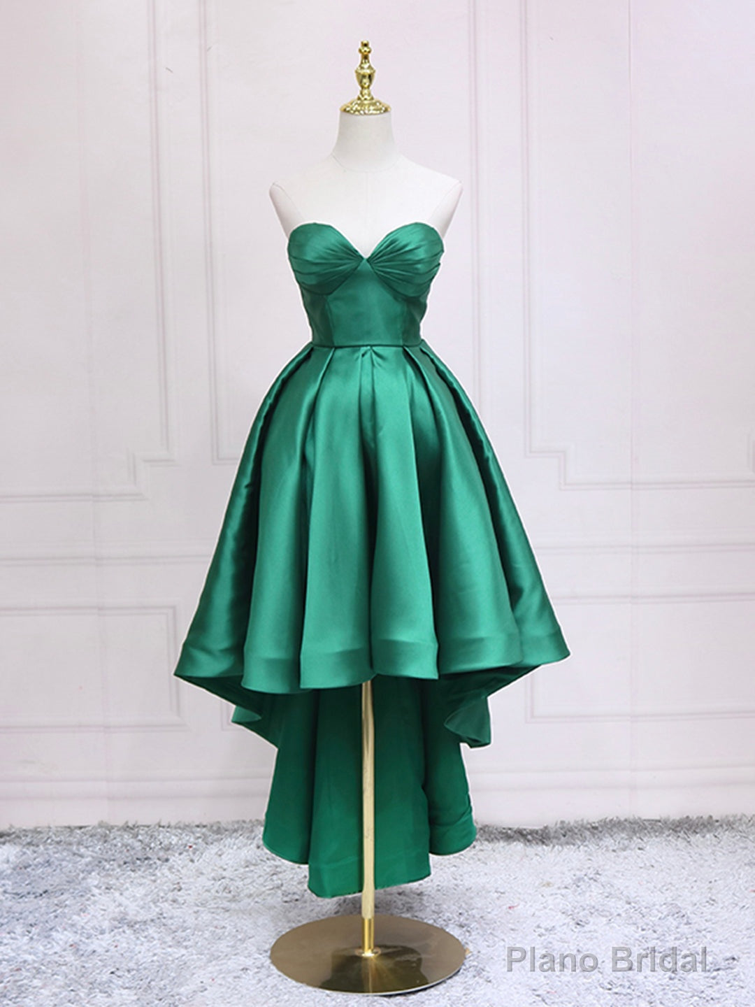Green Satin High Low Party Dresses, Strapless Green Homecoming Dresses Main image