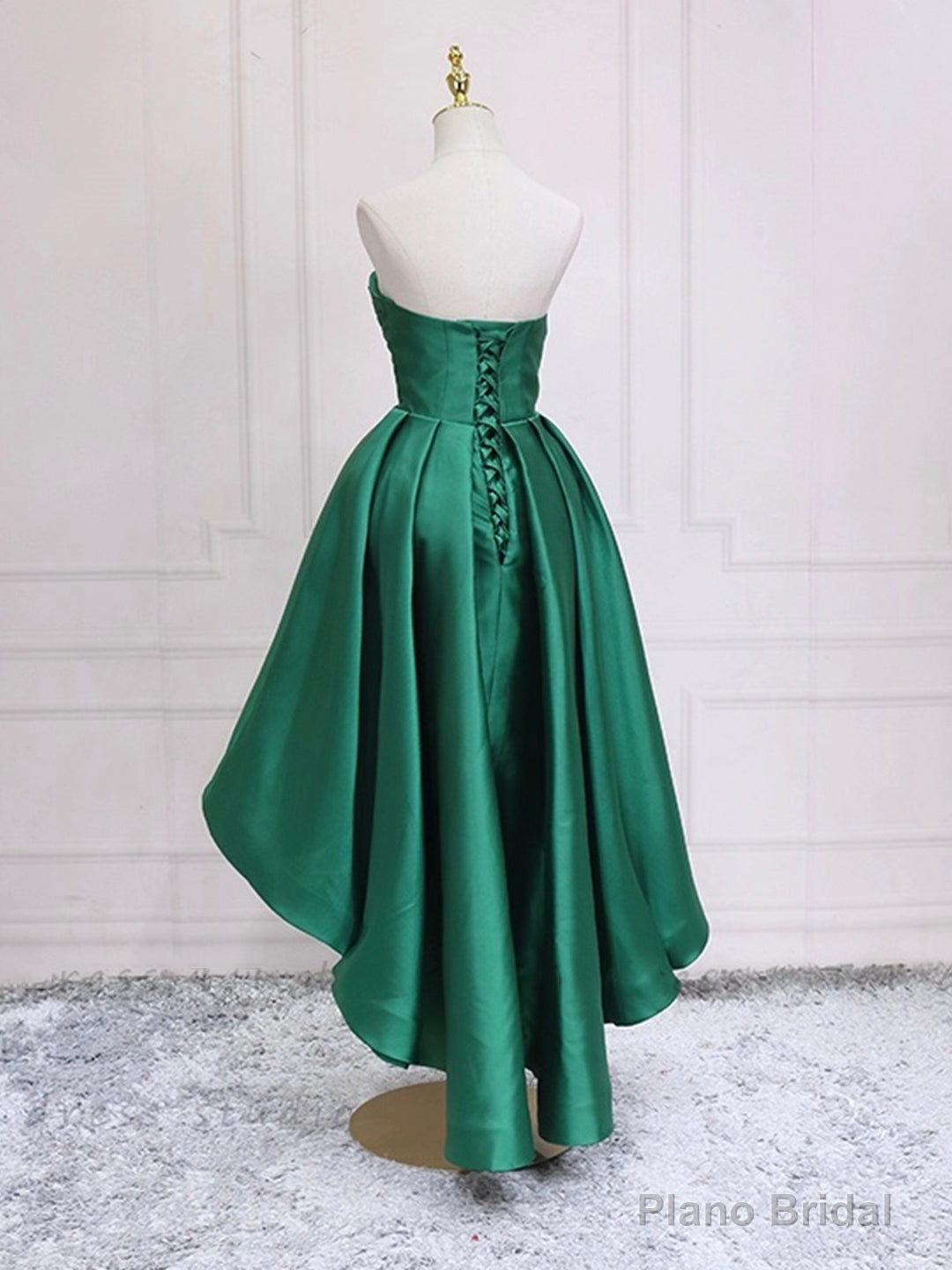 Green Satin High Low Party Dresses, Strapless Green Homecoming Dresses Secondary image