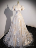 Champagne Tulle Long Formal Dresses, Champagne Short Sleeve Evening Dresses