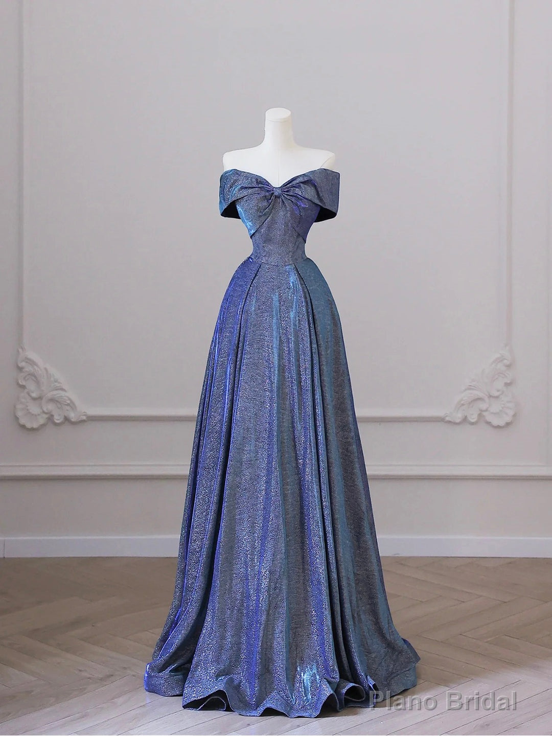 Shiny Off the Shoulder Floor Length Blue A-Line Prom Dress