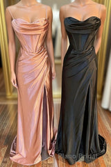 Simple Satin Long Mermaid Formal Prom Dresses, Spaghetti Straps Party Dresses with Slit