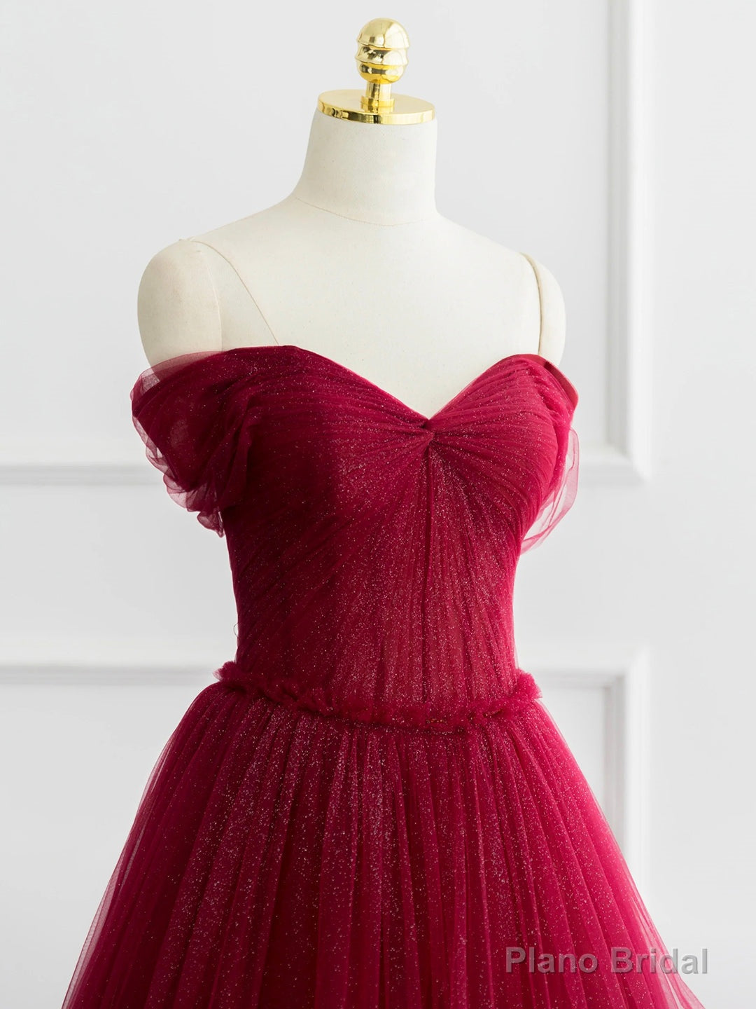 Burgundy Shiny Tulle Long Prom Dress, Beautiful A-Line Off the Shoulder Evening Dress Secondary image