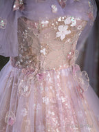 Purple A-Line Off the Shoulder Sequins Prom Dress, Lovely Tulle Corset Floor Length Evening Dress