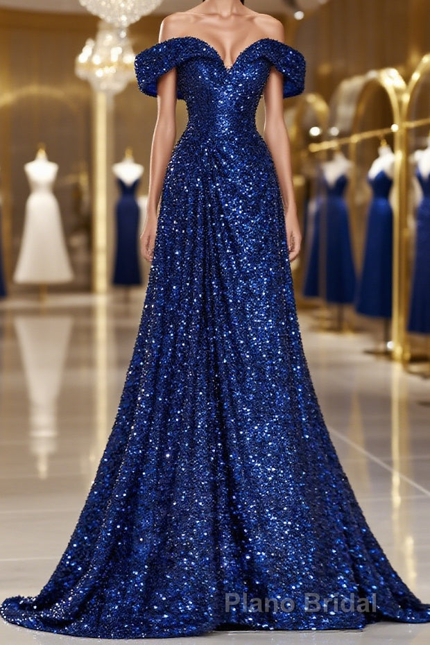 A-Line Evening Gown Elegant Dresses Formal Wedding Guest Sweep / Brush Train Sleeveless Off Shoulder Sequined with Glitter Sequin Masquerade Dresses Main image