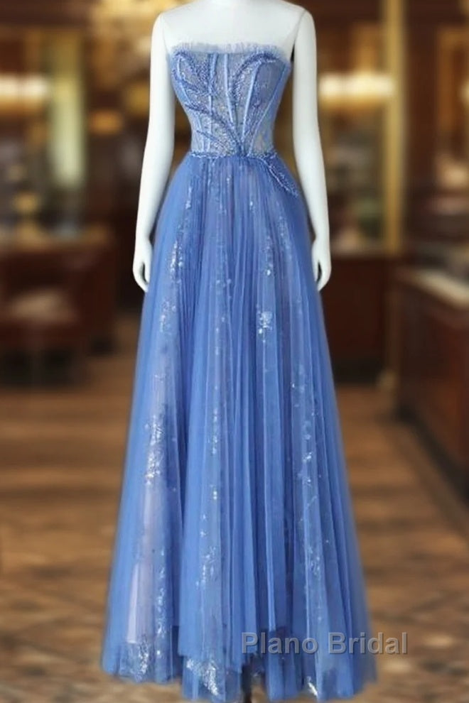 Luxurious A Line Strapless Blue Long Formal Prom Dresses Main image
