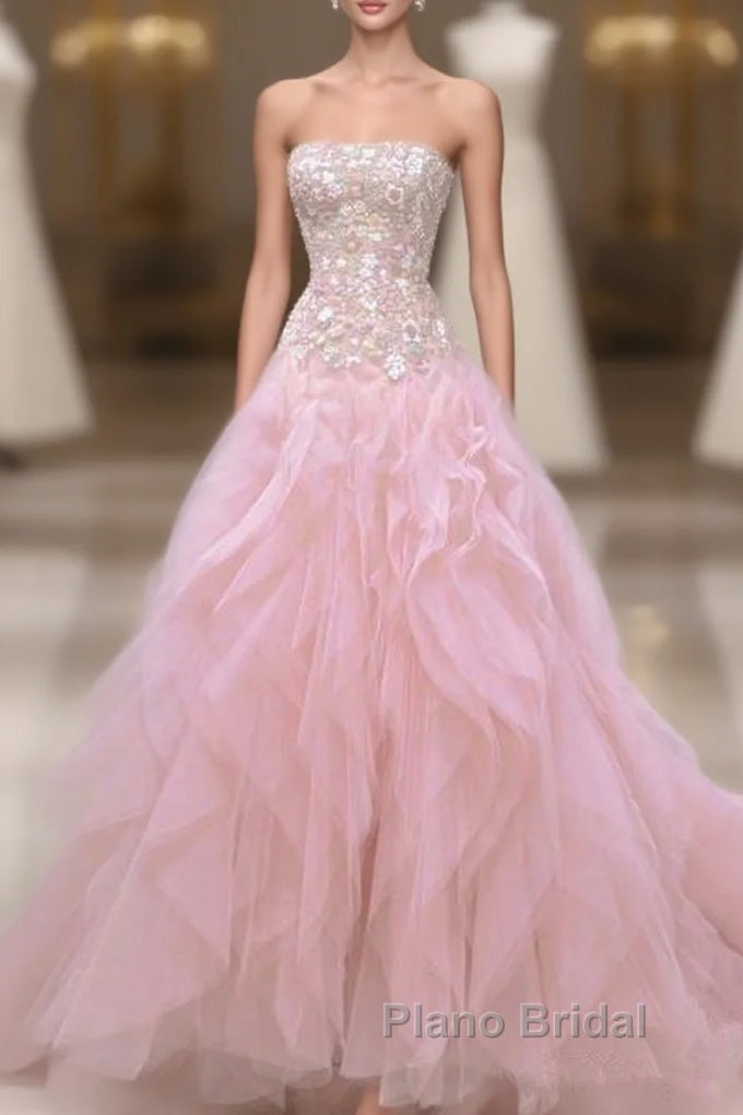 Luxurious Ball Gown Strapless Pink Tulle Long Formal Prom Dresses Main image