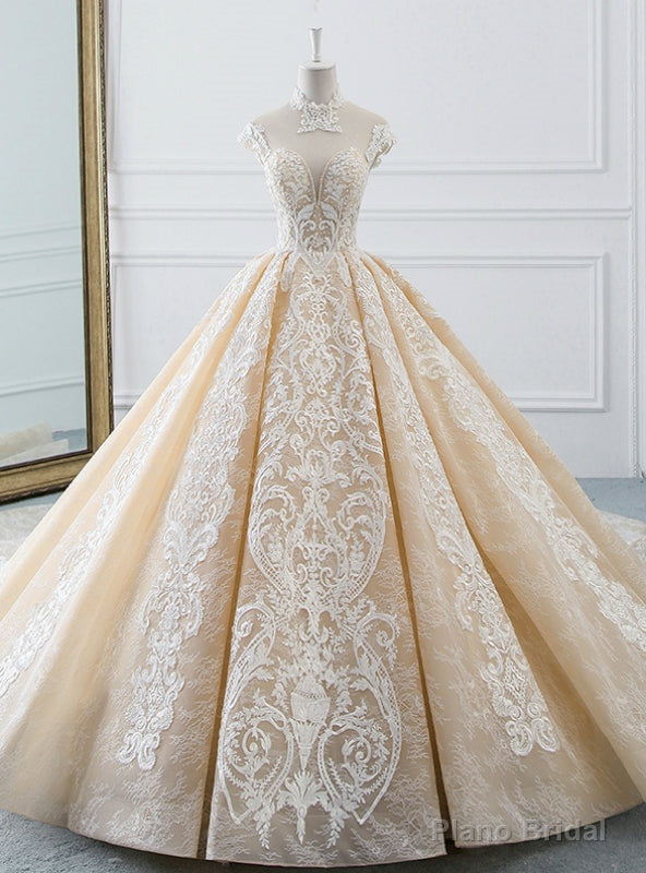 Luxurious Champagne Ball Gown Tulle Lace Appliques Backless High Neck Wedding Dress Main image