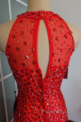 Luxurious Crystal Beaded Halter Mermaid Evening Dresses Leg Split Formal Prom Gowns