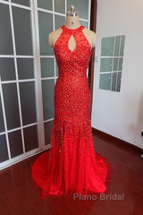 Luxurious Crystal Beaded Halter Mermaid Evening Dresses Leg Split Formal Prom Gowns