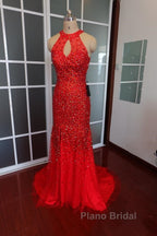 Luxurious Crystal Beaded Halter Mermaid Evening Dresses Leg Split Formal Prom Gowns