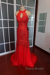 Luxurious Crystal Beaded Halter Mermaid Evening Dresses Leg Split Formal Prom Gowns