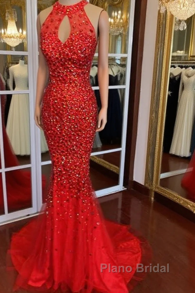 Luxurious Crystal Beaded Halter Mermaid Evening Dresses Leg Split Formal Prom Gowns Main image