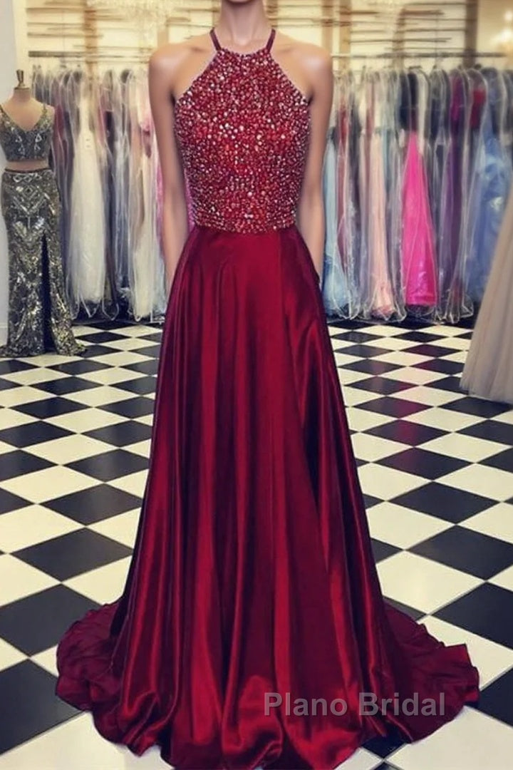 Luxurious Crystal Halter Formal Prom Dresses Long Satin Leg Split Evening Gowns