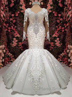 Luxurious Crystals Mermaid Bridal Gowns Long Sleevess Chapel Train Wedding Dresses
