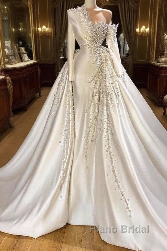 Luxurious Long Sleeve Pearls Overskirt Wedding Dress Online