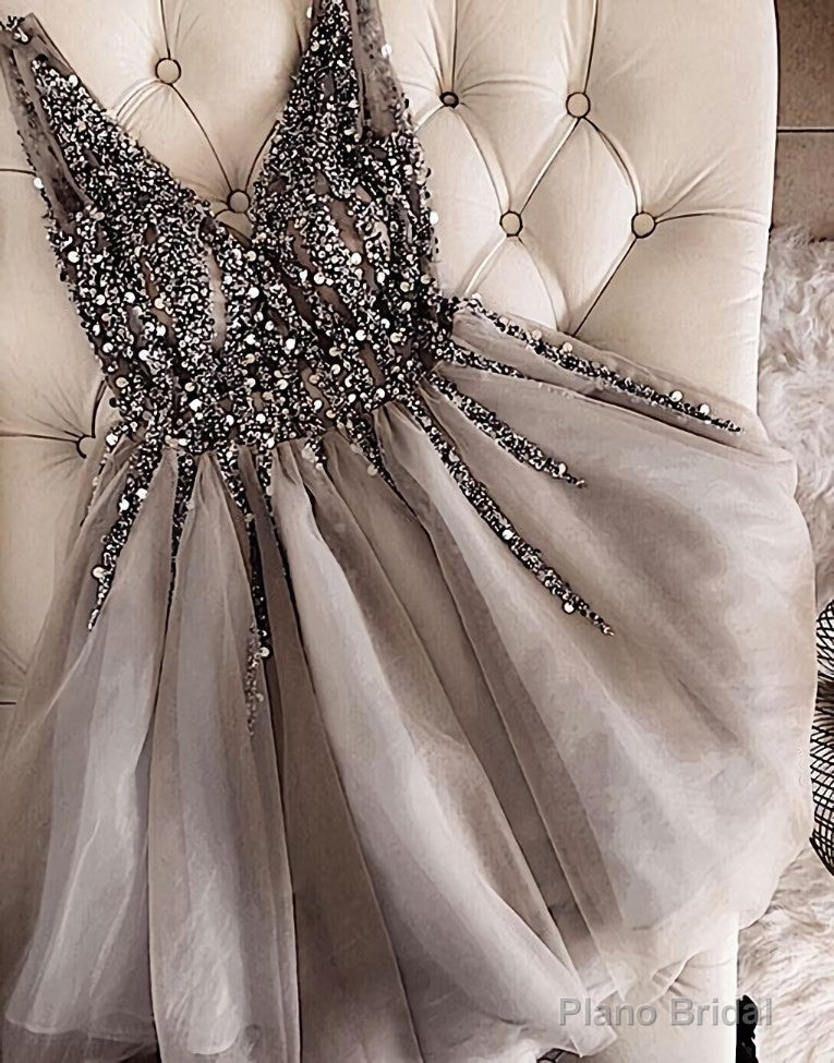 Luxurious Sequins Beaded V-neck Tulle Homecoming Dresses Short Party Dress Main image