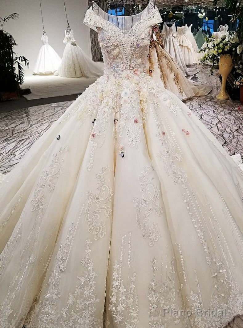 Luxury Ball Gown Champagne Off The Shoulder Long Train Wedding Dress Main image