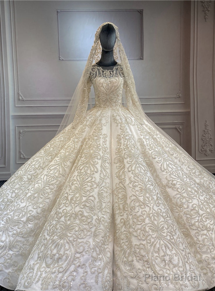 Luxury Ball Gown Dubai Sequins Beading Long Sleeve Wedding Dress