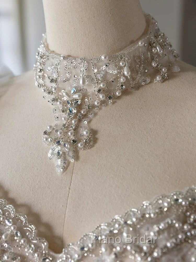 Luxury Ball Gown Sweetheart Neckline Long Sleeves Sequin White Wedding Dresses Brides Dresses