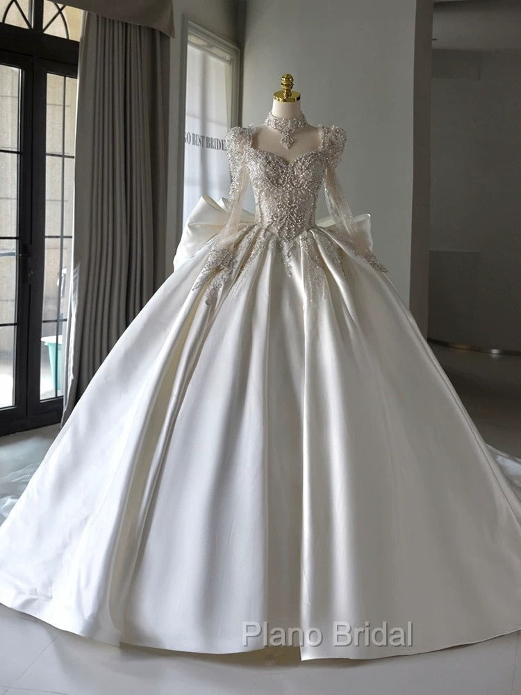 Luxury Ball Gown Sweetheart Neckline Long Sleeves Sequin White Wedding Dresses Brides Dresses