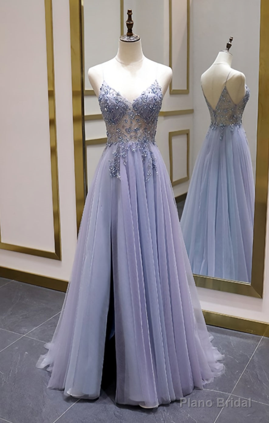 Luxury Beaded A Line Spaghetti Straps Long Prom Dresses,Split Tulle Evening Party Dress Main image
